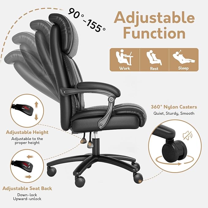 Reclining Office Chair,Recling 90-155°,Ergonomic Office Chair with Lumbar Suppot,Big and Tall Leather Desk Chair,High Back Executive Chair(Brown)