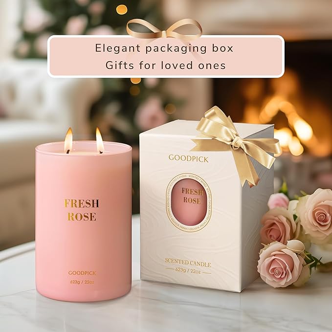 Goodpick Fresh Rose Candles for Women, Pink Candle, Soy Wax 22oz Large 120 Hours Burn, Stress Relief Aromatherapy Candles