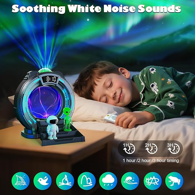 8-in-1 Sci-Fi Gateway Galaxy Projector Nebula Night Light for Kids Adults Teens with Plasma Ball, Alarm Clock, Bluetooth Speaker, White Noise, 8 Color Night Lights & Alien Astronaut for Bedroom Decor