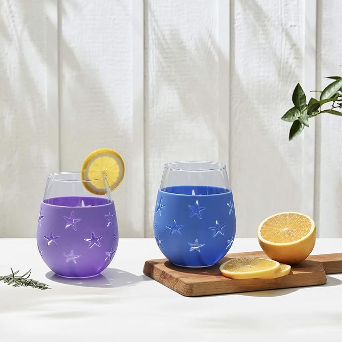 Hyperspace 20 OZ Stemless Wine Glass, Beverage Glass with Protective Silicone Sleeve (Blue & Purple Star)