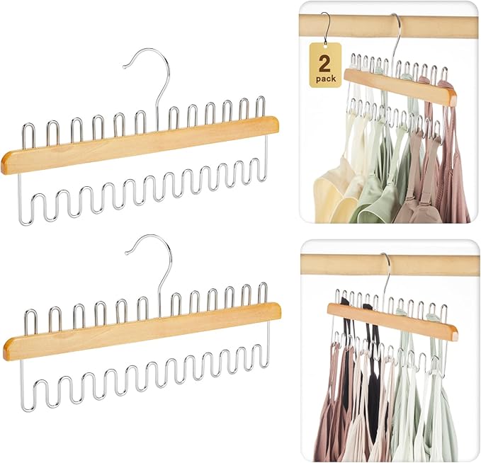 HOUSE DAY Closet Organizers and Storage, Tank Top Hangers, Rotatable Bra Organzier for Closet, Max 48 Storage Capacity Sport Bra Holder, Wood Space Saving Hanger 2 Pack - Dorm Room Essentials