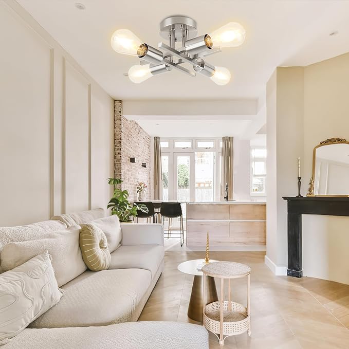 WILON Semi Flush Mount Ceiling Light Fixture, Modern Flush Mount Ceiling Lights, 4-Light Brushed Nickel Sputnik Ceiling Light Fixture with E26 Bulb Base for Hallway Farmhouse Kitchen Bedroom