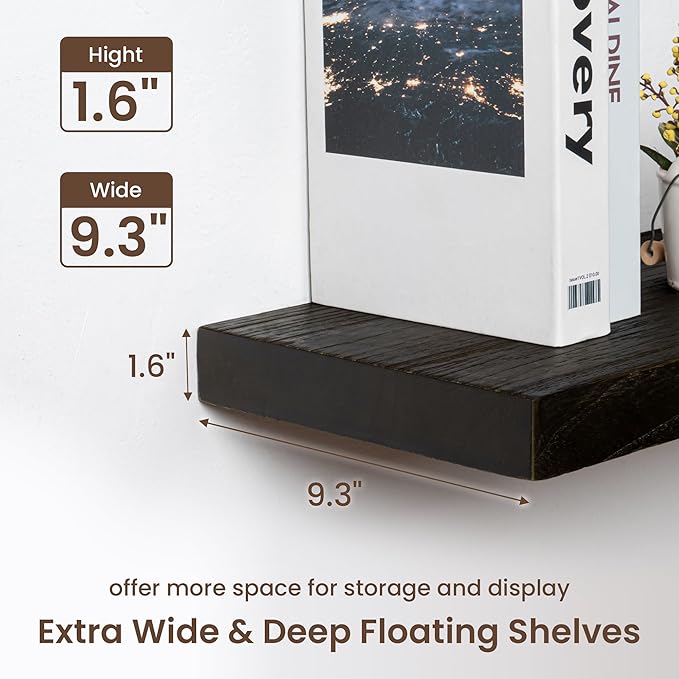 fuqing 30 Inch Floating Shelves for Wall - 9.3 Inch Deep Natural Wood Shelves Set of 2-30W x 9.3D x 1.6H Wall Mounted Shelves with Upgraded Metal Brackets for Room Wall