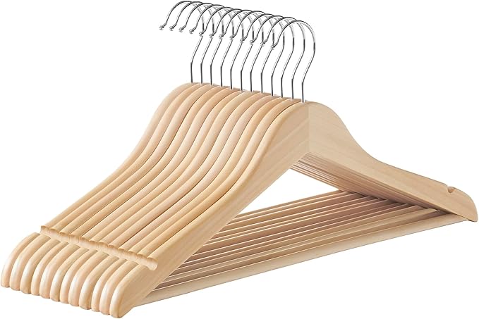 SONGMICS Wooden Hangers, Pack of 12, Coat Hangers, Non-Slip, Pants Bar, 360° Swivel Hooks, for Jackets, Shirts, Coats, Natural Beige UCRW010N12