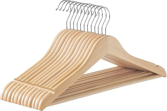 SONGMICS Wooden Hangers, Pack of 12, Coat Hangers, Non-Slip, Pants Bar, 360° Swivel Hooks, for Jackets, Shirts, Coats, Natural Beige UCRW010N12