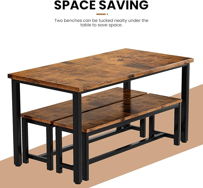 AWQM Dining Room Table Set, Kitchen Table Set with 2 Benches, Ideal for Home, Kitchen and Dining Room, Breakfast Table of 47.2x28.7x28.7 inches, Benches of 40.5x11.0x17.7 inches, Rustic Brown