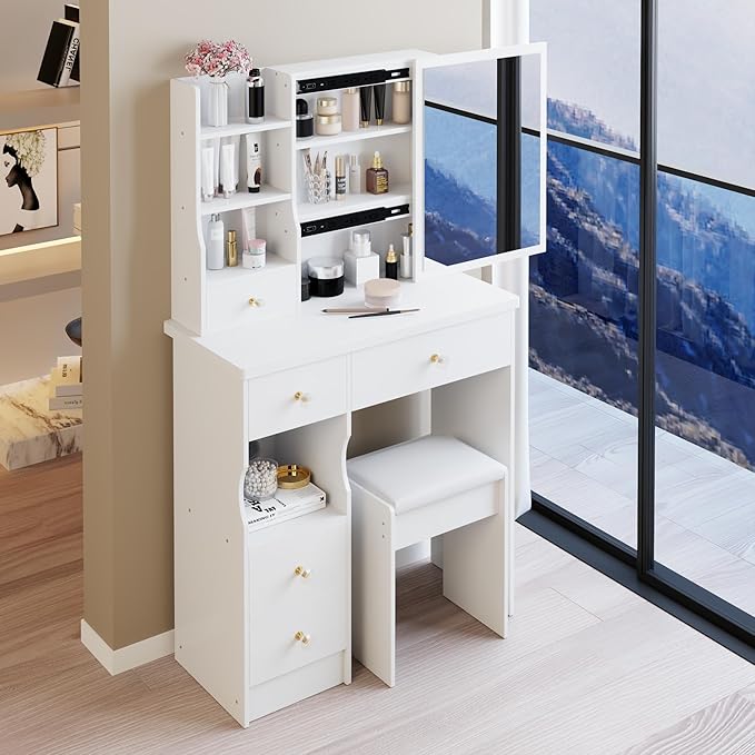 KEIKI Vanity Desk with Mirror & Cushioned Stool, 29.2'' Makeup Dressing Table Set with 5 Drawers for Tiny Bedrooms, Dorms, Apartments, White