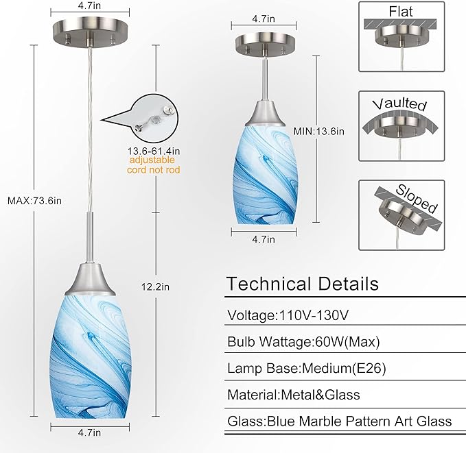Mini Glass Pendant Light with Handblown Blue Marble Art Glass Shade Adjustable Cord Modern Oval Lamp Ceiling Pendant Light Fixture for Dining Room, kitchen,Foyer, Hallway, Brushed Nickel Finish 3 Pack