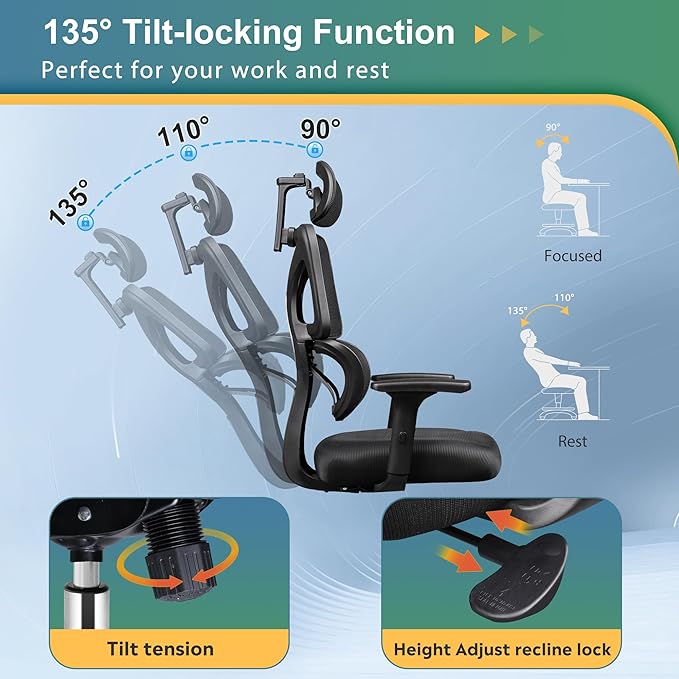 DEVAISE Office Chair Big and Tall Reclining Ergonomic Desk Chair for Long Hours, Comfy Breathable Mesh, Adjustable Armrests with Lumbar Support, Black