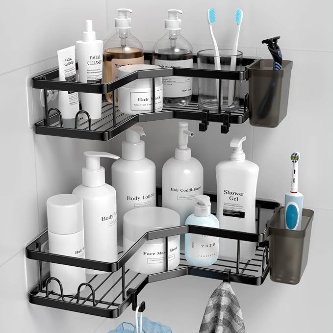 Corner Shower Caddy, 2 Pack Adhesive Shower Corner Organizer Shelves, No Drilling Stainless Steel Shower Storage Rack with Hooks&Toothpaste Holder for Bathroom, Dorm and Kitchen