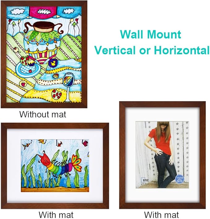 RPJC 11x14 Picture Frames Made of Solid Wood and High Definition Glass Display Pictures 8x10 with Mat or 11x14 Without Mat for Wall Mounting Photo Frame Brown