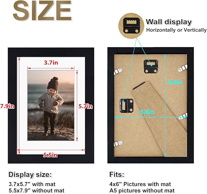 KINLINK A5 Picture Frame, Black Solid Wood Frames with Acrylic Plexiglass for Pictures 4x6 with Mat or A5 without Mat, Tabletop and Wall Mounting Display 4 Pack