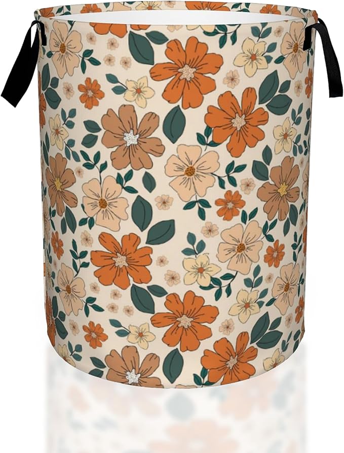 Laundry Hamper,70s Retro Floral Flowers Laundry Basket,Waterproof Foldable Storage Bin for Bedroom,Clothes Organizer Basket,Toys Box 16x20 Inch