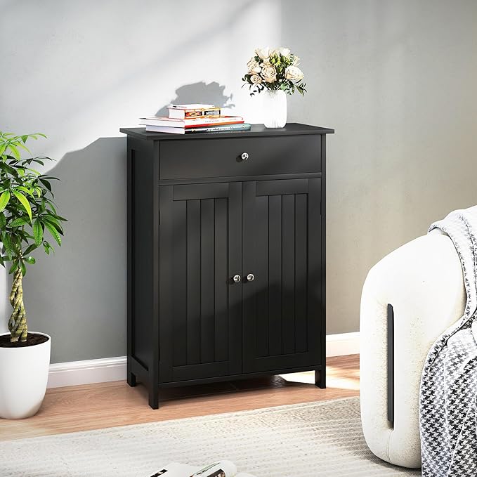 Giantex Storage Cabinet, Freestanding Bathroom Cabinet with 2 Doors, 1 Drawer, 3-Level Adjustable Shelf, Modern Wooden Storage Organizer for Laundry Room, Entryway, Living Room (Black)