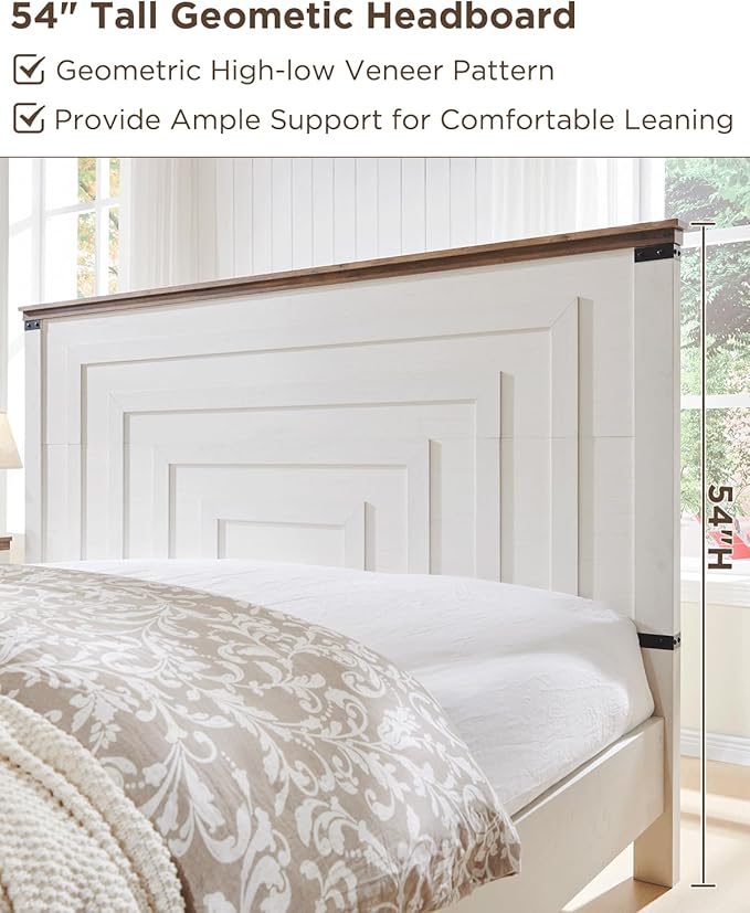 T4TREAM Farmhouse King Size Bed Frame with 54" Tall Geometric Headboard & 2 Large Storage Drawers, Rustic Wood Platform Bed with Wood Slats Support, No Box Spring Needed, Antique White