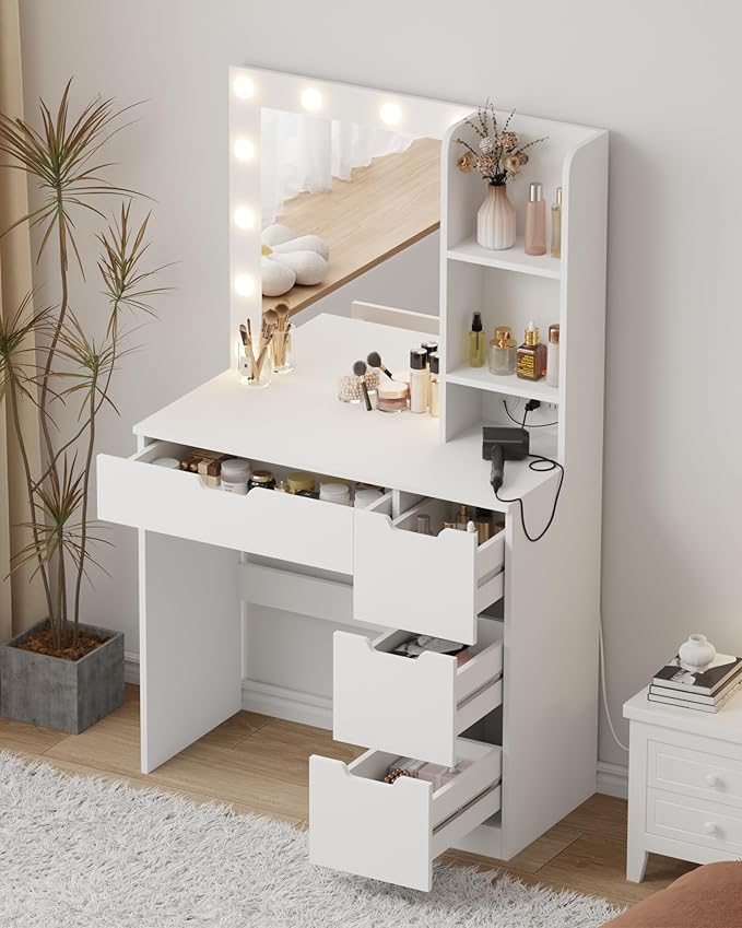 Garvee Vanity Desk with Mirror and Lights - Makeup Vanity Desk with 4 Drawers, Built-in Power Outlet & USB, Adjustable LED Lighting, Makeup Table for Bedroom