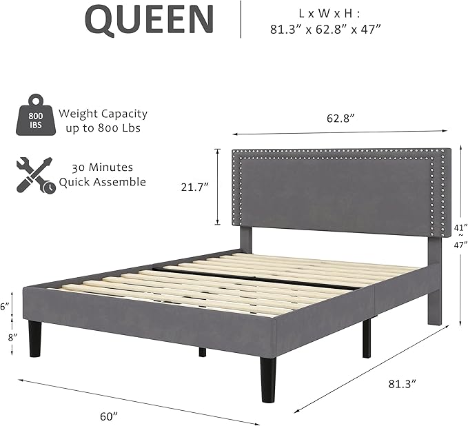 VECELO Queen Size Bed Frame with Adjustable Upholstered Headboard, Wooden Slats Platform, Noise-Free Design, No Box Spring Needed, Easy Assembly