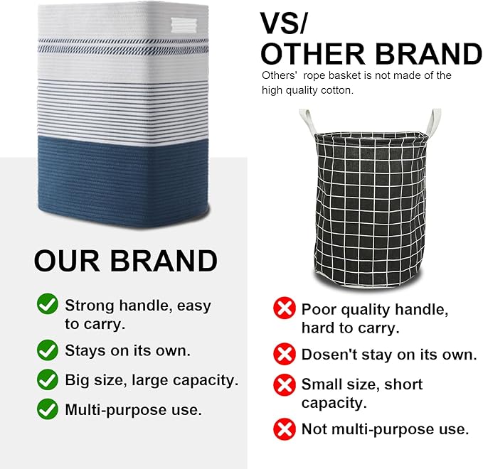 Laundry Hamper, Large Woven Rope Tall Laundry Basket with Handles, 22" X 17" X 13", Decorative Storage Basket for Clothes and Blankets in Living room, Bedroom, Dark Blue& White