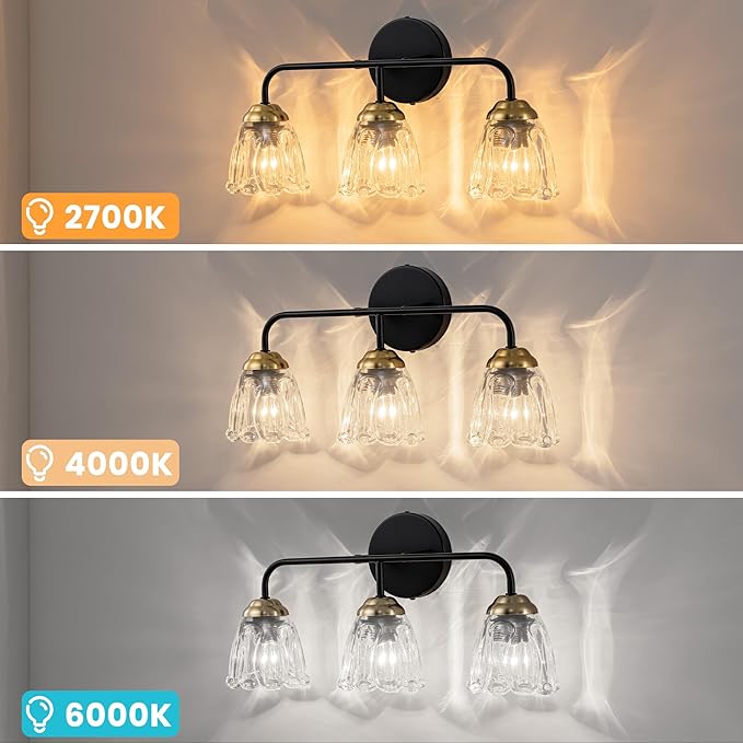3-Light Black and Gold Bathroom Vanity Light, Thickened Glass Shade Wall Sconce, E12 Base Vanity Lighting Fixture for Mirror Cabinet Makeup Dressing Table