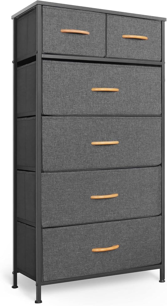 Tall Dresser for Bedroom, Vertical Storage Organizer Tower with 6 Drawers, Chest of Drawers with Fabric Bins, Steel Frame, Wood Top for Bedroom, Closet, Entryway- Grey