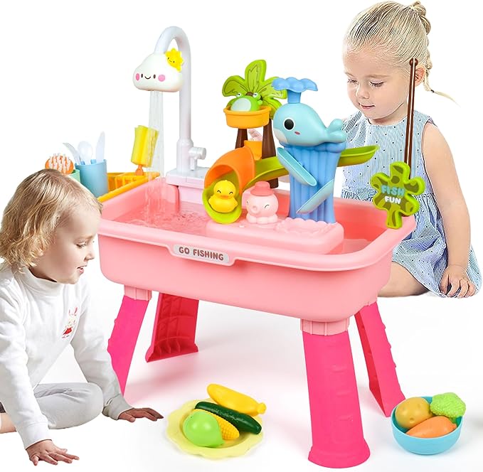 2026 Upgraded Water Table for Toddlers 1-3, Water Table with Pump,Toy Kitchen Sets for Kids Ages 4-8, with Detachable Legs, Play Sink with Electric Faucet, Includes Play Vegetables and Fishing Game
