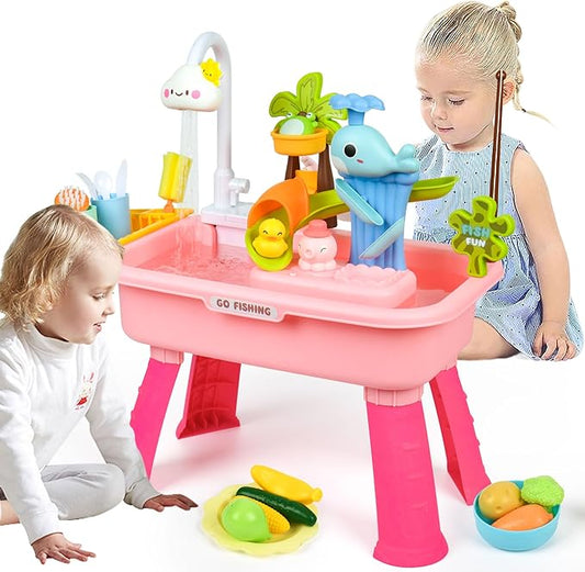 2026 Upgraded Water Table for Toddlers 1-3, Water Table with Pump,Toy Kitchen Sets for Kids Ages 4-8, with Detachable Legs, Play Sink with Electric Faucet, Includes Play Vegetables and Fishing Game