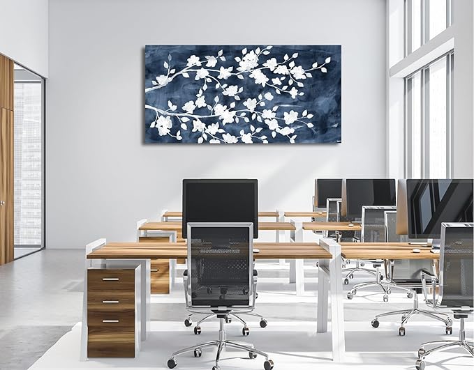 NINEASO Abstract Flowers Canvas Wall Art - Gray White Tree Floral Branches Pictures Wall Decor White Blossom Deep Indigo Blue Background Painting Artwork for Living Room Bedroom Home Decor 29" x 58"