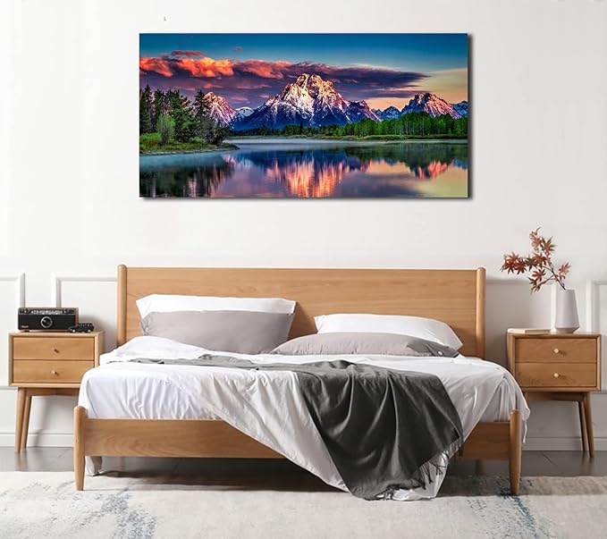 Sunset Landscape Canvas Wall Art for Living Room Grand Teton Wyoming National Park Picture Wall Decor Snake River Mountain Forest Nautre Prints Artwork Bedroom Bathroom Office Home Decor 29" X 58"