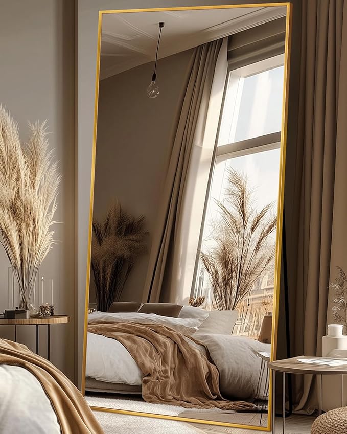 Antok Full Length Mirror, 78"x38" Floor Mirror with Stand, Hanging Mounted Mirrors for Bedroom, Living Room, Cloakroom, Dining Room, Gold, Rect