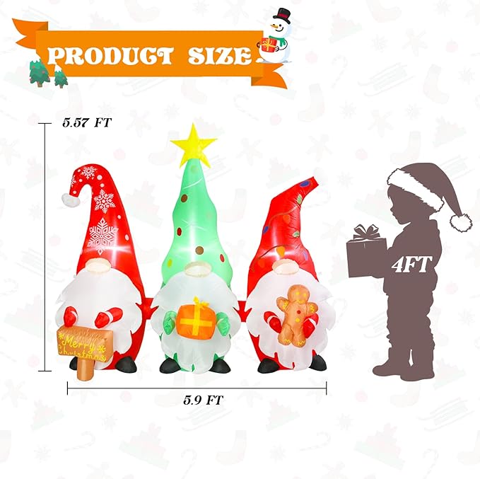 Bshine Christmas Inflatable Outdoor Decorations, 5.9FT Gnome Celebration Sign, Blow Up Yard with Built-in LED for Holiday Party Home Outdoor/Indoor Garden Yard Lawn Decorations