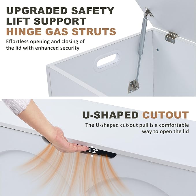 39.4" Storage Chest, Wooden Storage Bench Trunk, Upgraded Safety Lift Support Hinge, Large Entryway Bench Box, Supports 330 lb U-Shaped Opening for Entryway, Hallway, Living Room, White