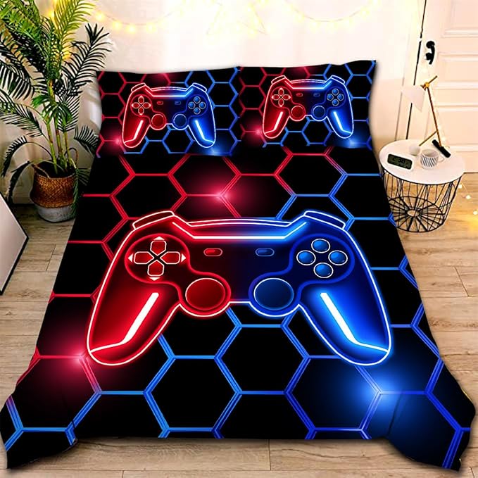 NTBED Game Console Comforter Set for Boys Girls Kids 3D Gaming Geometric Lightweight Microfiber Gamer Bedding Sets (Red Blue, Twin 5Pcs)