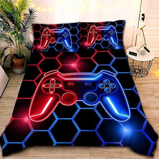 NTBED Game Console Comforter Set for Boys Girls Kids Geometric Lightweight Microfiber Bedding Sets (Red Blue, Full 5Pcs)