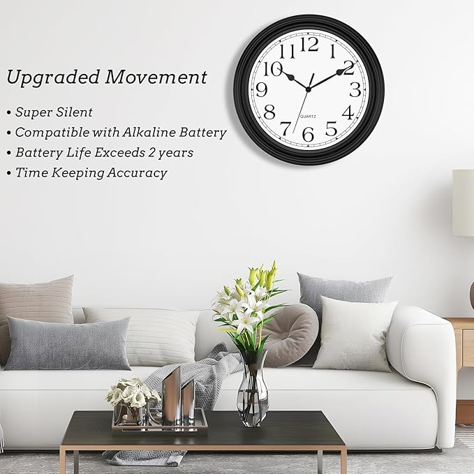 Foxtop 14 Inch Wall Clock Battery Operated Silent Non-Ticking Round Classic Vintage Retro Wall Clock Decorative for Living Room Kitchen Home Office (Black)