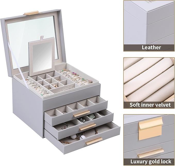 BOOVO Clear Lid Jewelry Box,4 Layers Jewelry Organizer Large Jewelry Storage Box with 3 Drawers,Jewelry Holder Organzier of Rings Earrings Necklace Bracelets for Women (Grey, 4 Layer)