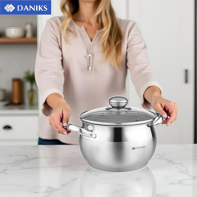 Daniks Classic Stainless Steel Stock Pot with Glass Lid – Induction 3 Quart, Dishwasher Safe, Measuring Scale, For Soup, Pasta, Stew, Silver