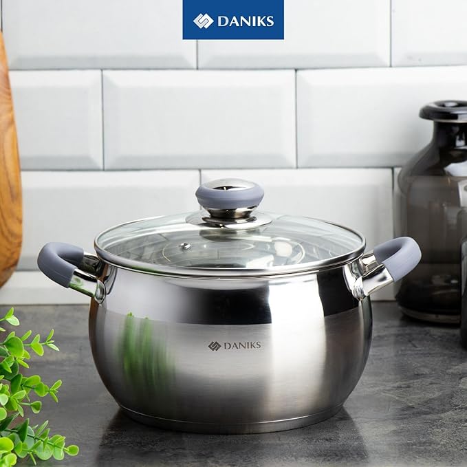 Daniks Modern 6-Piece Stainless Steel Induction Cookware Set – Dishwasher Safe Pots with Heatproof Handles, Glass Lids, Silver