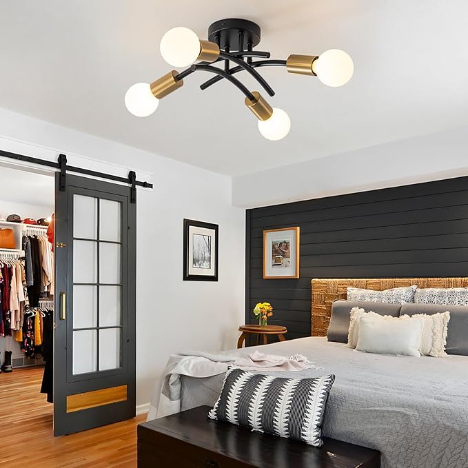WILON Semi Flush Mount Ceiling Light Fixture, Modern Flush Mount Ceiling Lights, Black Gold 4-Light Sputnik Ceiling Light Fixture with E26 Bulb Base for Hallway Farmhouse Kitchen Bedroom