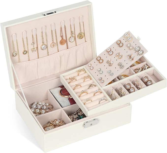 Jewelry Box for Women Girls, 2 Layers Jewelry Organizer Container with Lock, PU Leather Storage Case with Removable Tray, Jewelry Display Box for Necklaces Earrings Bracelets Rings Watches - White
