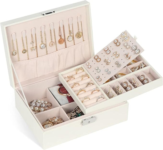Jewelry Box for Women Girls, 2 Layers Jewelry Organizer Container with Lock, PU Leather Storage Case with Removable Tray, Jewelry Display Box for Necklaces Earrings Bracelets Rings Watches - White