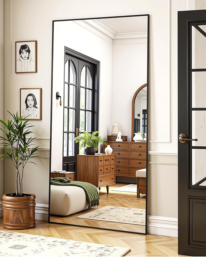 Suidia Full Length Mirror, 71"x28" Floor Standing Mirror Freestanding, Full Body Mirrors with Stand for Bedroom, Hanging Mounted for Living Room Cloakroom, Black, Rectangular Style