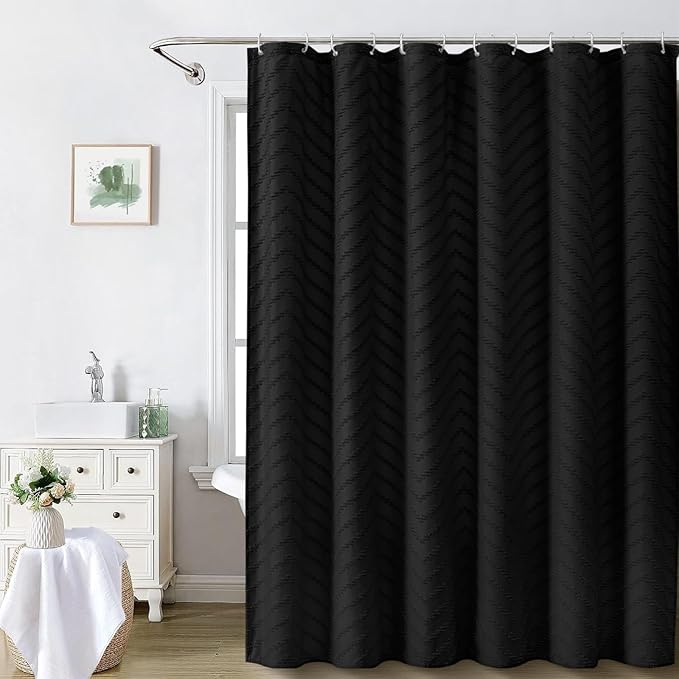 Black Boho Shower Curtain 72 x 78 Inches Woven Fabric Shower Curtain Tufted Chervon Textured Shower Curtains Modern Minimalist Shower Curtains for Bathroom