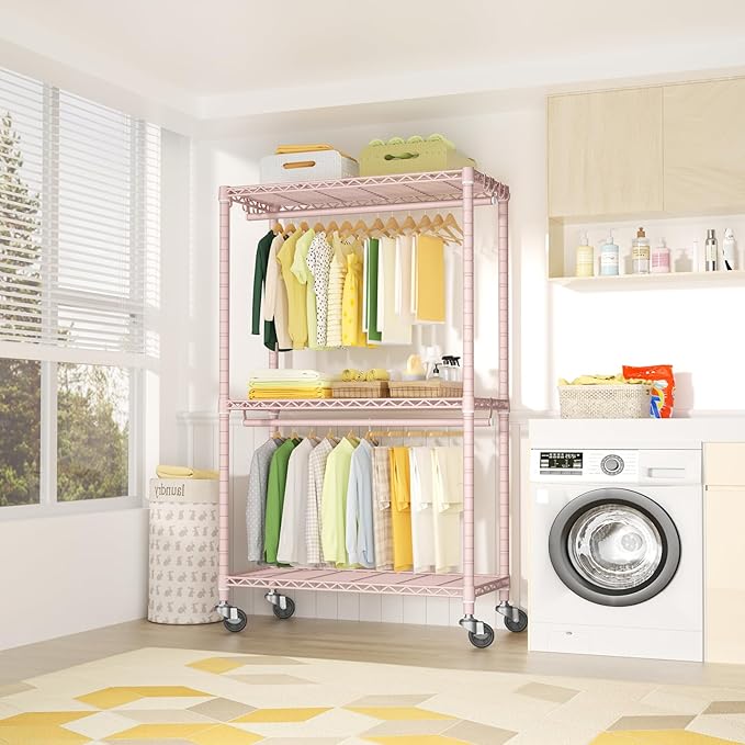 FUTASSI P3 Rolling Clothes Rack, Clothing Racks for Hanging Clothes, Heavy Duty Garment Rack with Wheels, Freestanding Portable Closet Organizer 39.4''W x 14''D x 78.5''H, Max Load 464 LBS, Pink