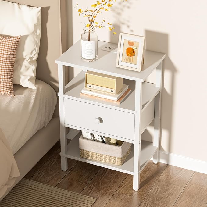 Lerliuo Nightstand Set of 2 with Charging Station and USB Ports, 3-Tier Storage End Table with Drawer Shelf, Night Stand for Small Spaces, Wood Bedside Table for Living Room, Bedroom - Elegant White