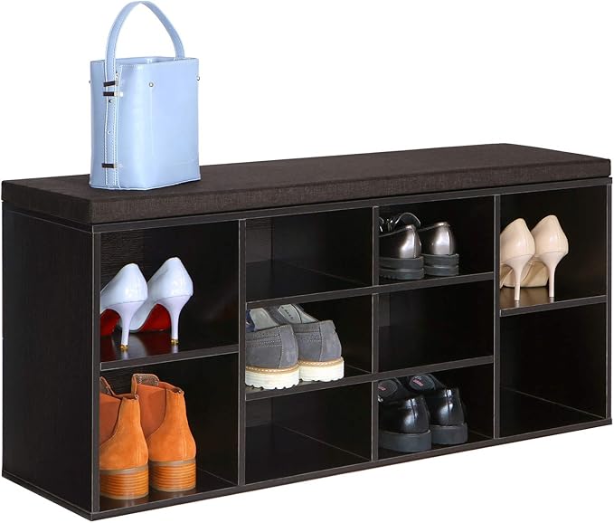 VASAGLE CUSTOS Collection - Shoe Bench, Storage Bench with Padded Seat, Entryway Bench with 10 Compartments, for Bedroom, 11.8 x 40.9 x 18.9 Inches, Espresso Brown and Chestnut Brown ULHS10BR