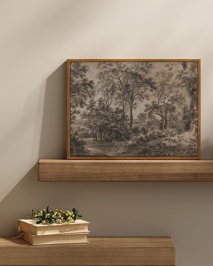 InSimSea Framed Canvas Wall Art, Vintage Wall Decor, Antique Watercolor Country Landscape Painting for Living Room, Bedroom Moody Black Sketch Retro Woodland Prints Pictures Decorations,12x16inch