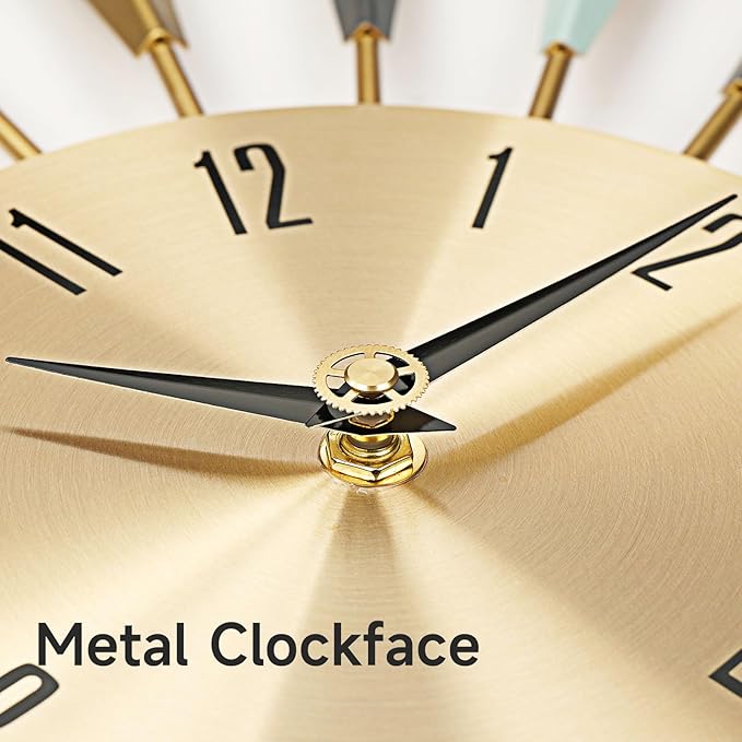 Mid Century Modern Wall Clock, Large Metal Decorative Clock Silent Battery Operated, Colorful Sunburst Starburst 28 Inch Wall Clocks for Living Room Kitchen Bedroom Office
