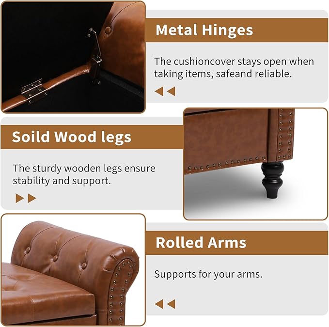 Storage Ottoman Bench with Arms, Faux Leather End of Bed Bench for Bedroom, Button Tufted Storage Bench for Entryway, Living Room, Large Storage Bench Foot Rest (New Brown)