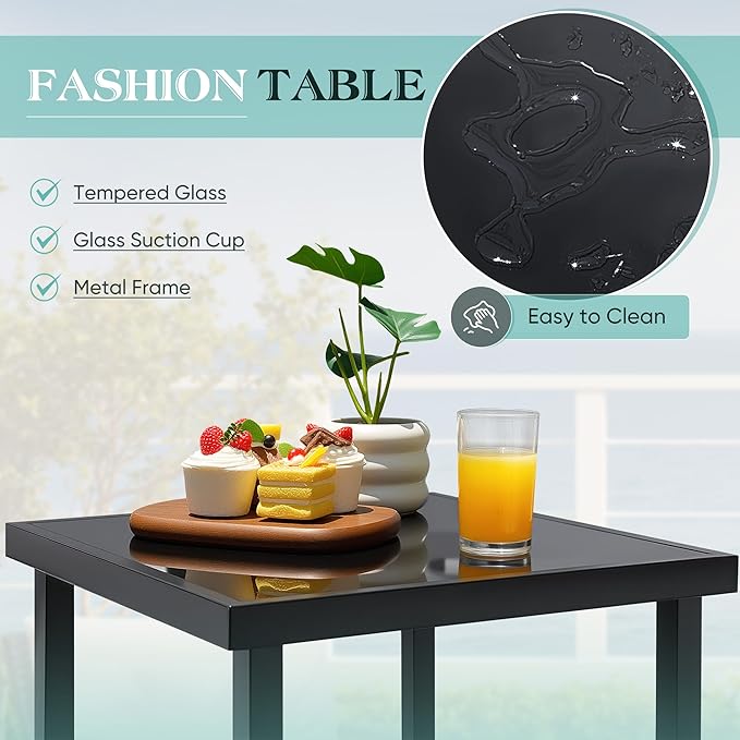 Greesum 3 Pieces Rocking Wicker Bistro Set, Patio Outdoor Furniture Conversation Sets with Porch Chairs and Glass Coffee Table, Beige