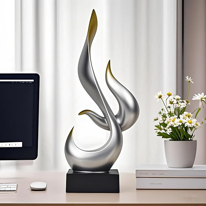 Silver Fire Flame Sculpture, Modern Abstract Resin Statue, Art Statue Home Decor for Living Room TV Stand Coffee Table Shelf Accents Decor